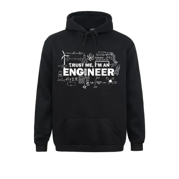 Felpa nera con grafica di ingegneria e testo "Trust me, I'm an engineer" in bianco, ideale per appassionati di scienza e tecnologia.
