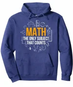 Giacca a cappuccio blu con motivo matematico e slogan "Math, the only subject that counts" per gli amanti delle scienze. Perfetta per mostrare la tua passione per la matematica ogni giorno.