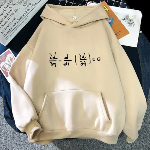 Felpa con cappuccio beige con un'equazione matematica in derivate mostrata in nero al centro, ideale per gli amanti delle scienze e della matematica.