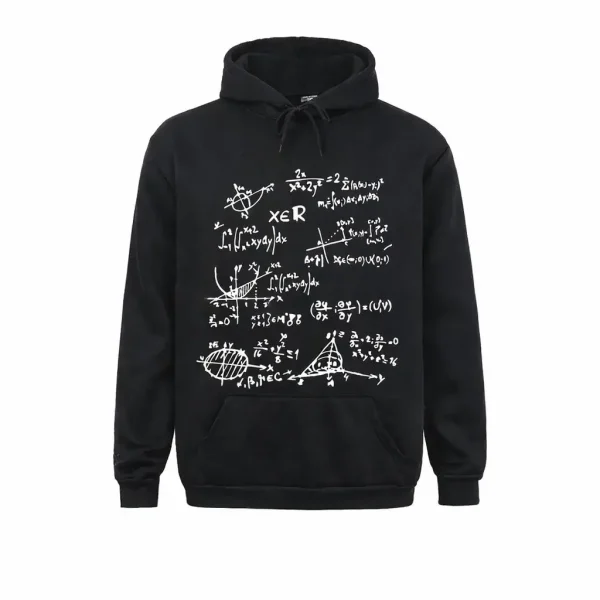 Felpa con cappuccio nera con equazioni matematiche bianche, perfetta per gli amanti delle scienze e della matematica, unendo stile e passione per la scienza.