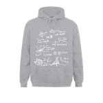 Felpa con cappuccio grigia con illustrazioni di equazioni matematiche complesse stampate in bianco, perfetta per gli amanti delle scienze e della matematica.