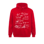 Felpa con cappuccio rossa con illustrazioni di equazioni matematiche complesse in bianco, perfetta per gli amanti delle scienze e della matematica.