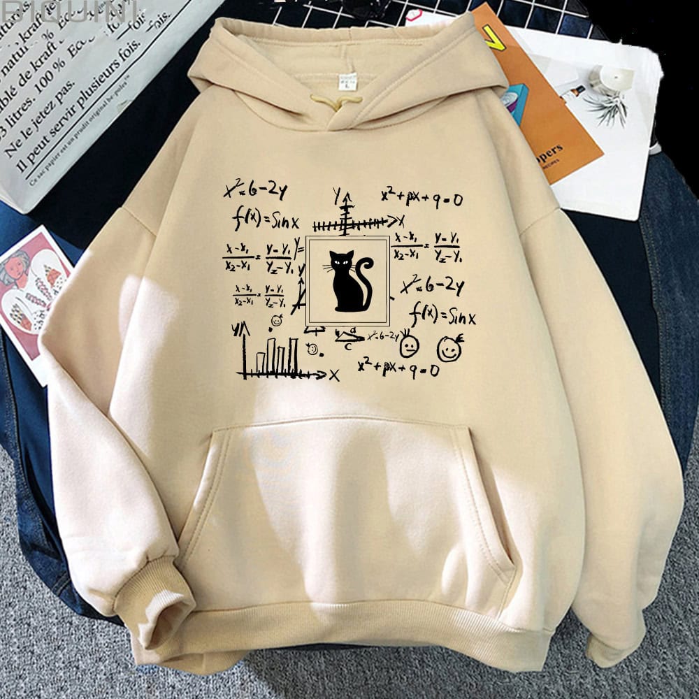Maglietta con grafici scientifici e simbolo di gatto Maglietta beige con stampa di formule matematiche e scientifiche, al centro un'icona di gatto in stile silhouette. Perfetta per appassionati di scienza e animali, ideale come regalo originale.