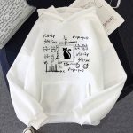 Felpa bianca con grafici matematici, formule e simboli scientifici, ideale per appassionati di scienza e matematica, design originale e accattivante.