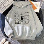 Maglione grigio con stampa di formule matematiche e grafici, al centro un'icona di gatto nero.