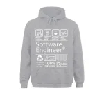 Felpa con cappuccio grigia con motivi legati all'ingegneria software, ideale per gli appassionati di tecnologia e programmazione.