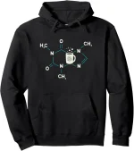 Felpa con cappuccio nera con design molecolare e tazza di caffè, perfetta per gli amanti della scienza e della chimica, unendo stile e passione scientifica.