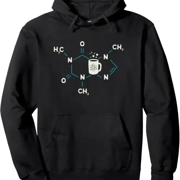 Felpa con cappuccio nera con design molecolare e tazza di caffè, perfetta per gli amanti della scienza e della chimica, unendo stile e passione scientifica.