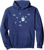 Felpa con stampa di una struttura molecolare e tazza di caffè, perfetta per appassionati di scienza e chimica.
