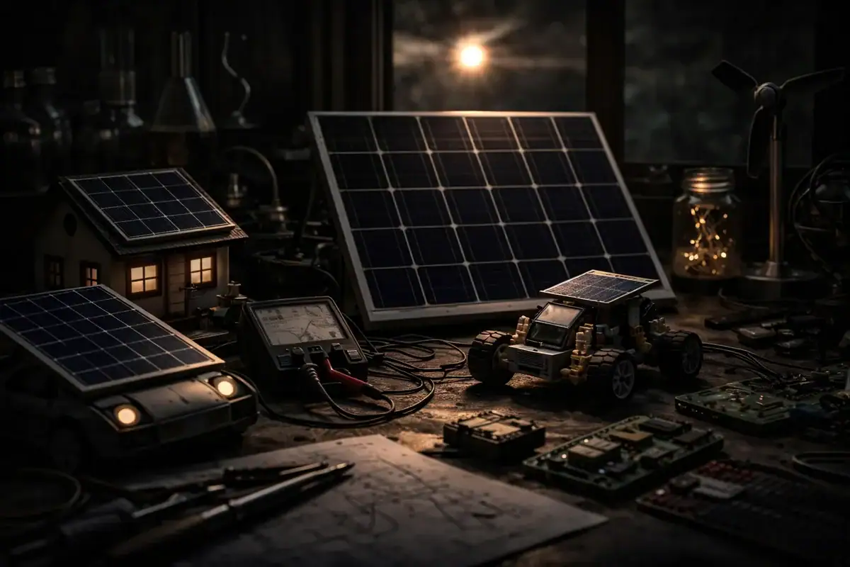 Pannello solare e apparecchi elettronici da laboratorio in un atelier scientifico.