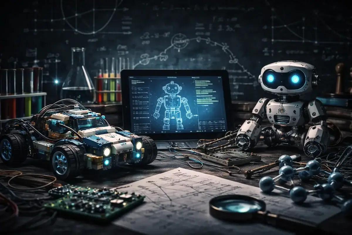 Robot e veicoli di scienza, laboratorio high-tech con computer e attrezzature scientifiche.