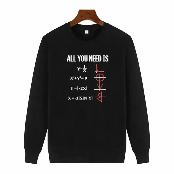 Felpa algebriche con formule matematiche e simbolo di matematica in rosso su felpa nera.