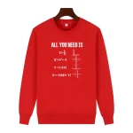 Felpa rossa con scritte matematiche e grafico, stile casual e originale, perfetta per appassionati di scienza e matematica.