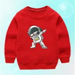 Felpa rossa per bambini con stampa di un astronauta che fa il gesto della pace, ideale per gli appassionati di spazio e scienza.