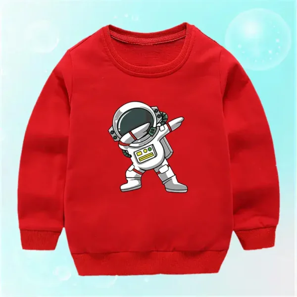 Felpa rossa per bambini con stampa di un astronauta che fa il gesto della pace, ideale per gli appassionati di spazio e scienza.