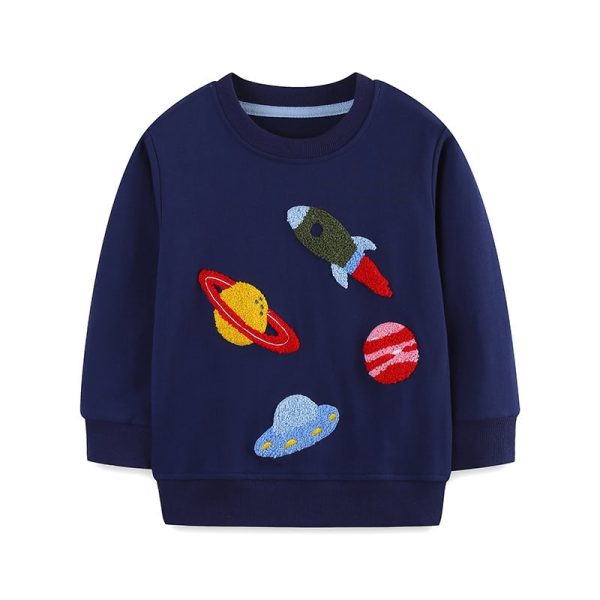 Felpa per bambini con ricami di pianeti e razzo, tema spaziale, in tessuto blu navy, ideale per la decorazione della camera o per un look giocoso.