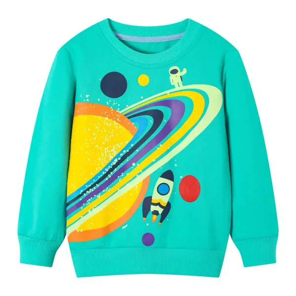 Felpa per bambini con stampa spaziale, astronauta, razzo e pianeti colorati su sfondo azzurro, ideale per appassionati di scienza e spazio.