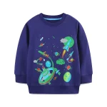 Felpa per bambini con stampa di pianeti, astronavi e stelle in stile spaziale, ideale per gli appassionati di astronomia e scienza.