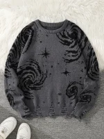 Maglione grigio con motivo galassia e stelle nere, design spaziale, morbido e caldo, ideale per appassionati di astronomia e stile casual.