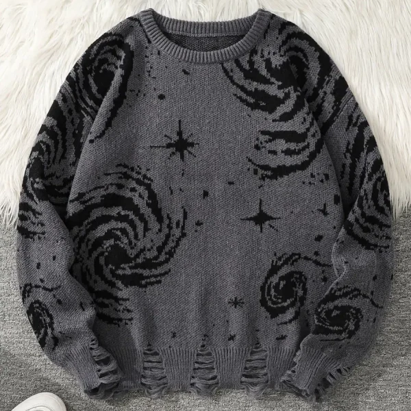Maglione grigio con motivo galassia e stelle nere, design spaziale, morbido e caldo, ideale per appassionati di astronomia e stile casual.