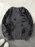 Maglione grigio con motivi galassia e stelle nere, stile astratto, tessuto morbido e caldo, ideale per l'inverno.