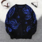 Maglione con motivo galassia e stelle blu, ideale per gli amanti dell'astronomia e della moda originale.