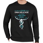 Maglietta nera con stampa di DNA e citazione umoristica sulla DNA helicaso, perfetta per appassionati di scienza e biologia.