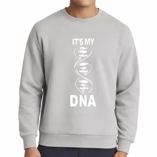 Felpa grigia con motivo DNA e testo "It's my DNA" per gli appassionati di scienza e genetica.