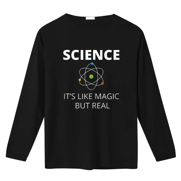 T-shirt nera con motivo atomico e testo "La scienza è come la magia ma vera" per gli amanti della scienza e della decorazione geek.
