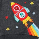 Razzo spaziale in tessuto con dettagli colorati e stelle sullo sfondo, perfetto come decorazione scientifica per bambini e appassionati di spazio.