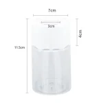 Vaso di vetro trasparente con misure precise di 11,5 cm di altezza e 7 cm di larghezza, ideale per decorazioni scientifiche e esperimenti.