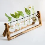Vaso di fiori con supporto in legno e contenitori di vetro, decorazione ispirata alla scienza con piante verdi e fiori bianchi. Perfetto come oggetto decorativo e da studio scientifico.