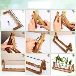 Supporto per esperimenti scientifici in legno e vetro, ideale per laboratori e decorazioni a tema scientifico, con dettagli di montaggio e utilizzo.