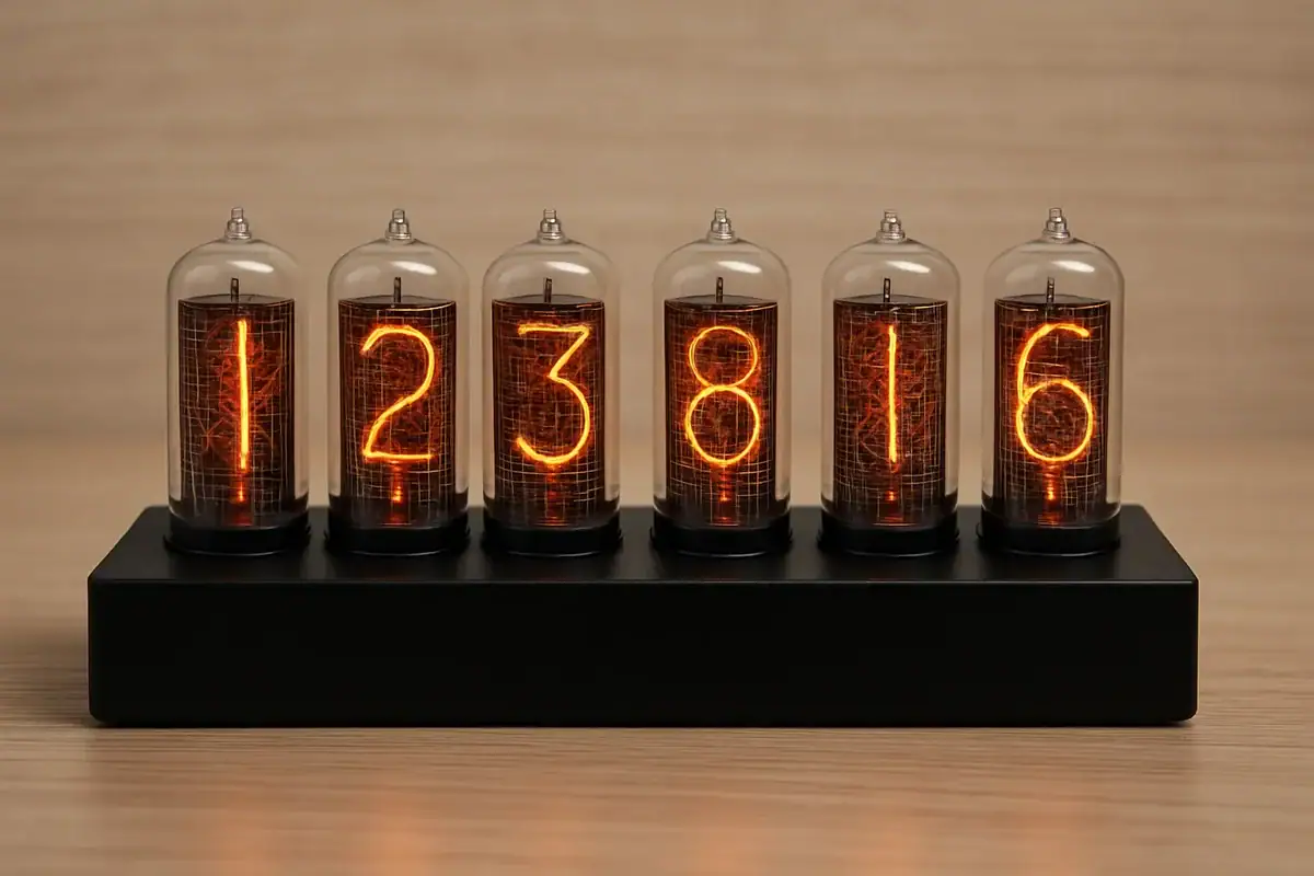Alternatore di numeri in vetro con numeri luminosi da 1 a 6 su base nera, decorazione scientifica vintage per ambienti educativi o da collezione.