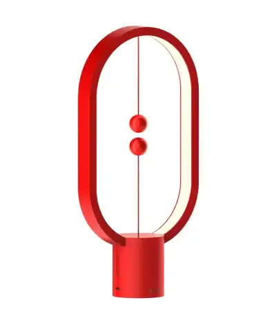 Lampada di design a forma di ovale con elementi scientifici rossi.