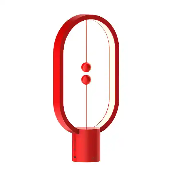 Lampada di design a forma di ovale con elementi scientifici rossi.
